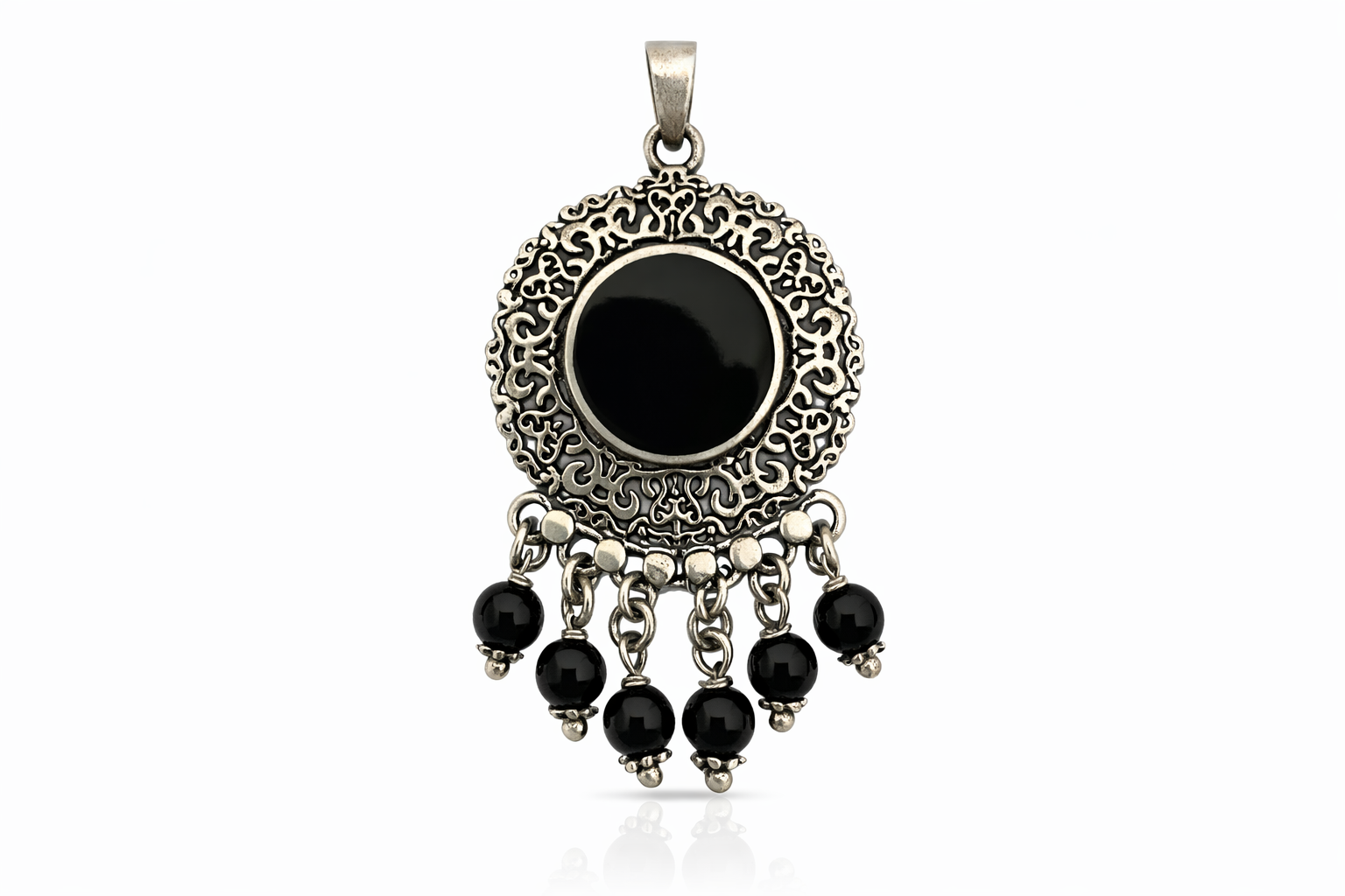 Midnight Eclipse Onyx Pendant – Ornate Silver Drop Charm