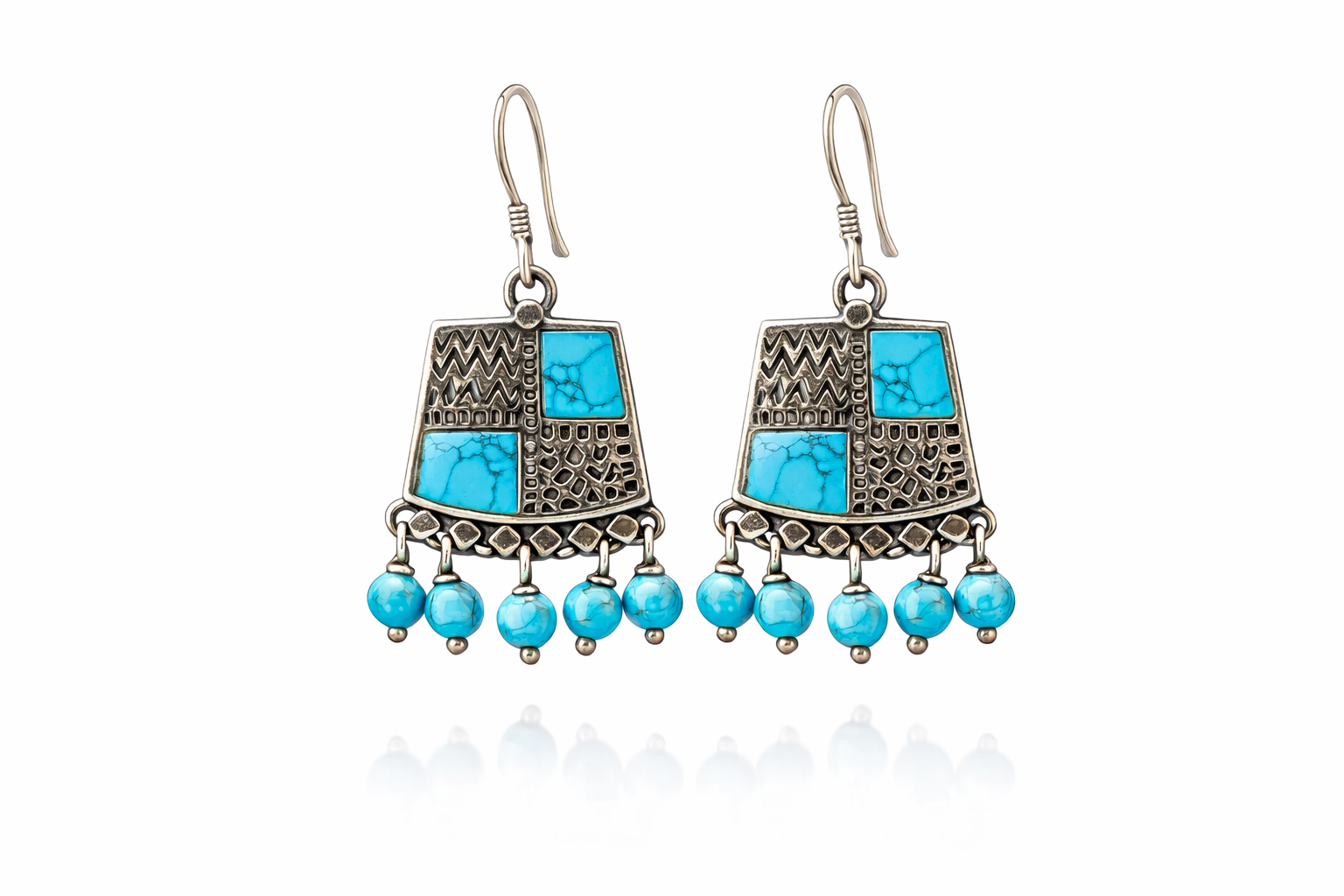 Turquoise Mosaic Dangle Earrings with Beaded Fringe
