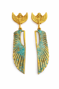 Isis Wing Earrings – Gold Plated Egyptian Goddess Dangle Earrings with Verdigris Patina