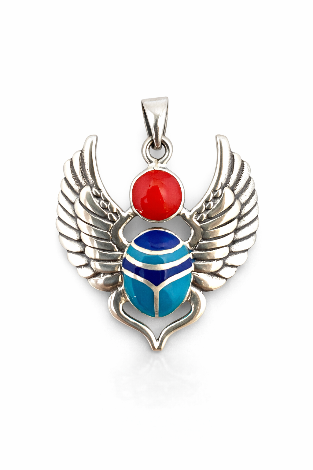 Egyptian Winged Scarab Pendant with Red and Turquoise Inlay
