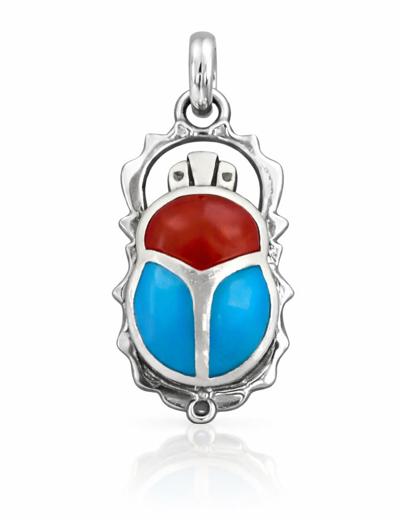 Egyptian Scarab Pendant with Turquoise & Carnelian Inlay