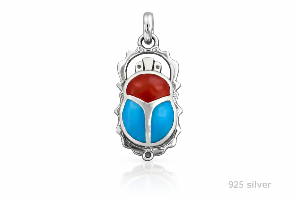 Egyptian Scarab Pendant with Turquoise & Carnelian Inlay