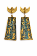 Ancient Egyptian Hieroglyph Tablet Earrings – Gold Isis Studs with Verdigris Patina