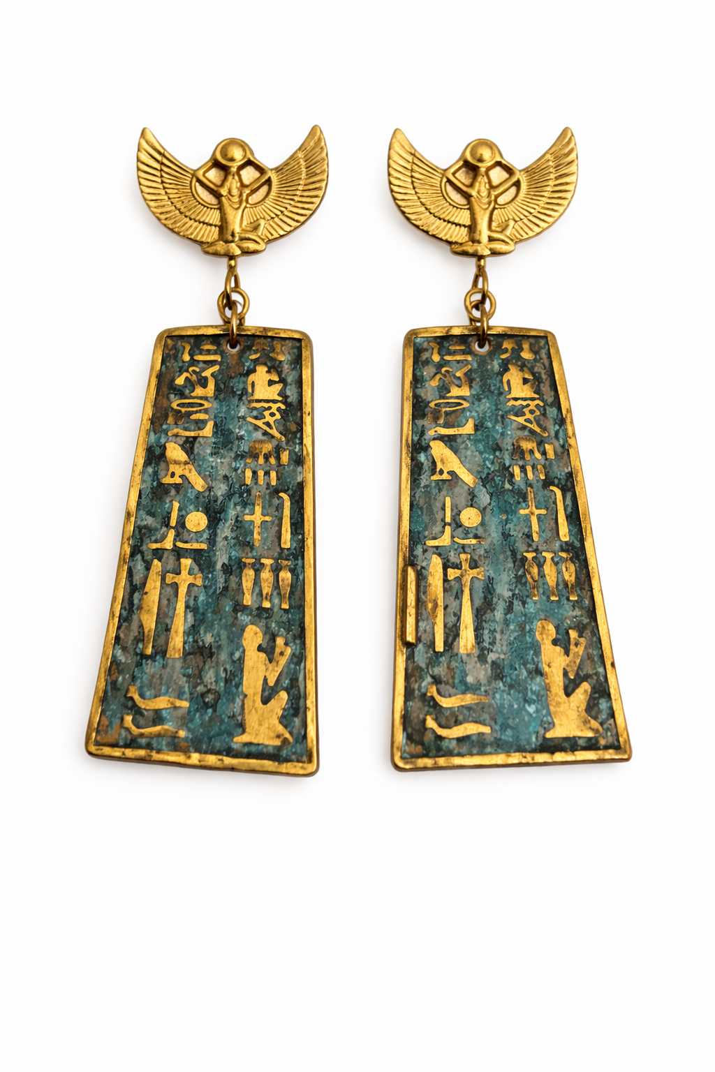 Ancient Egyptian Hieroglyph Tablet Earrings – Gold Isis Studs with Verdigris Patina
