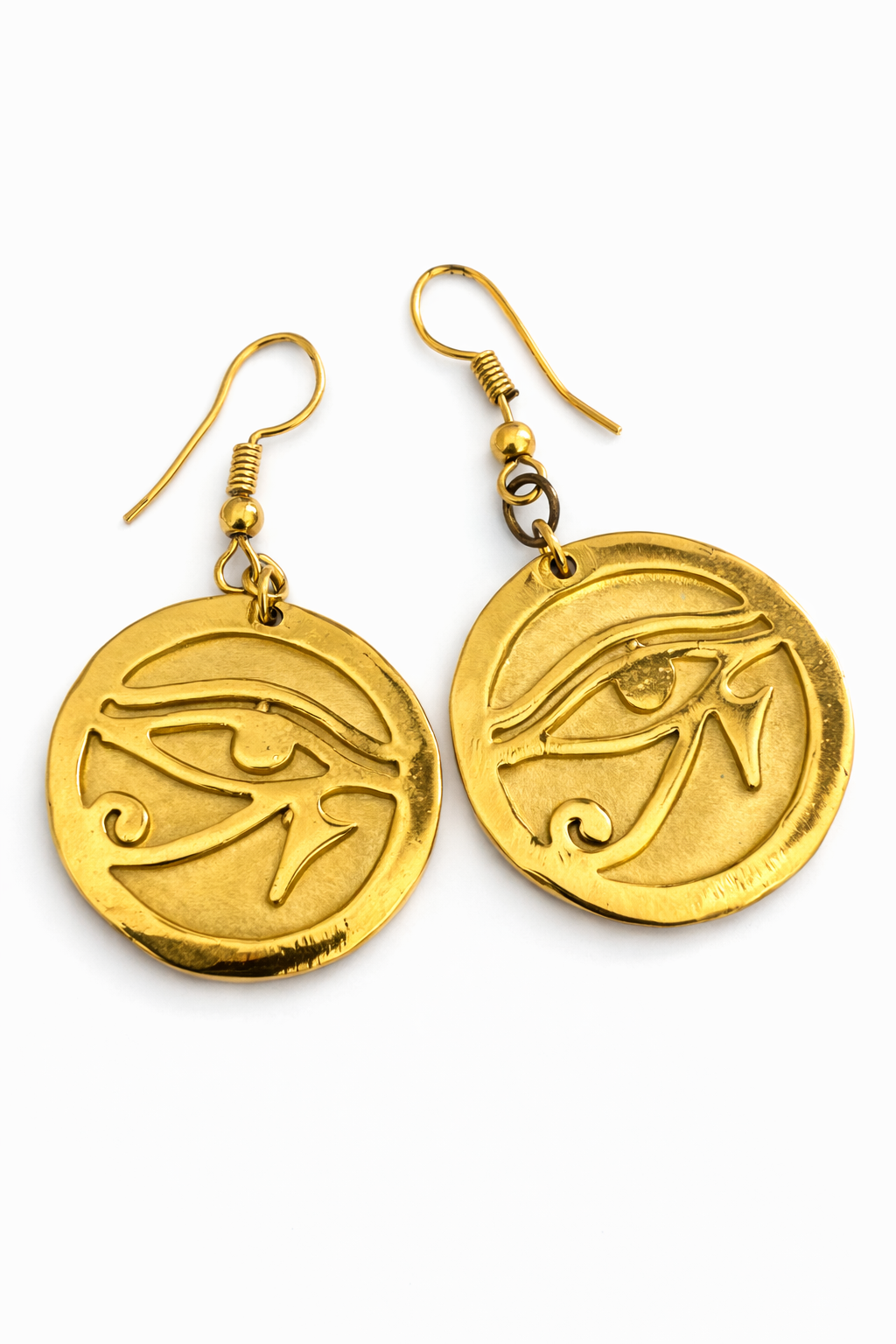 Eye of Horus Gold Disc Gold Plated Drop Earrings – Ancient Egyptian Symbol Jewelry