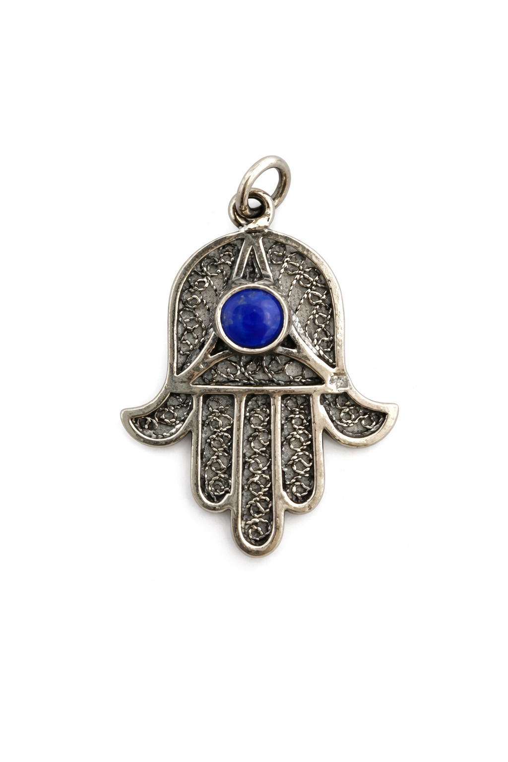 Hamsa Hand Pendant with Blue Stone – Silver-Tone Protection Amulet