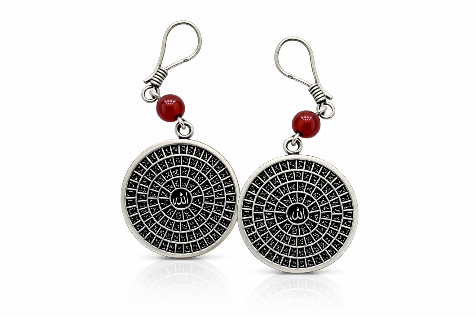 Sacred 99 Names of Allah Circle Drop Earrings with Red Bead Accent