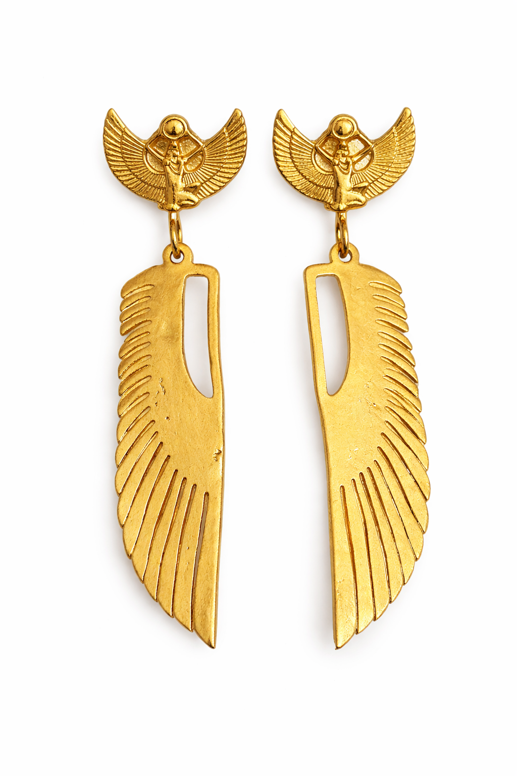 Winged Egyptian Goddess Feather Earrings – Gold-plated Statement Drop Earrings