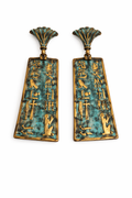 Ancient Egyptian Hieroglyph Patina Drop Earrings – Winged Fan Top, Gold & Verdigris Finish