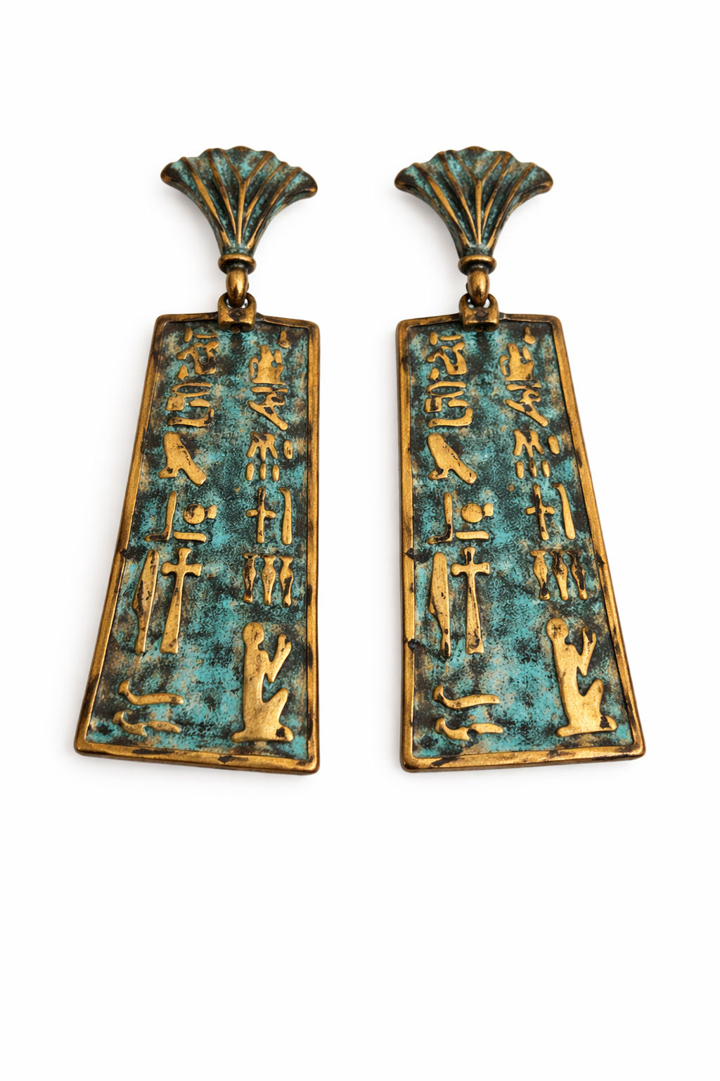 Ancient Egyptian Hieroglyph Patina Drop Earrings – Winged Fan Top, Gold & Verdigris Finish