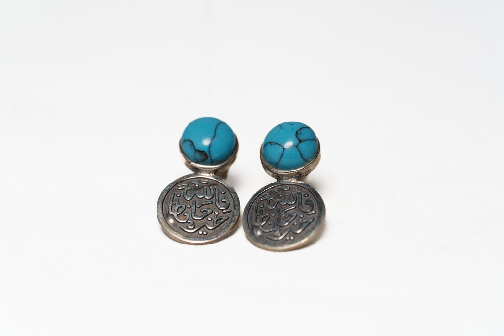 Turquoise & Arabic Calligraphy Stud Earrings