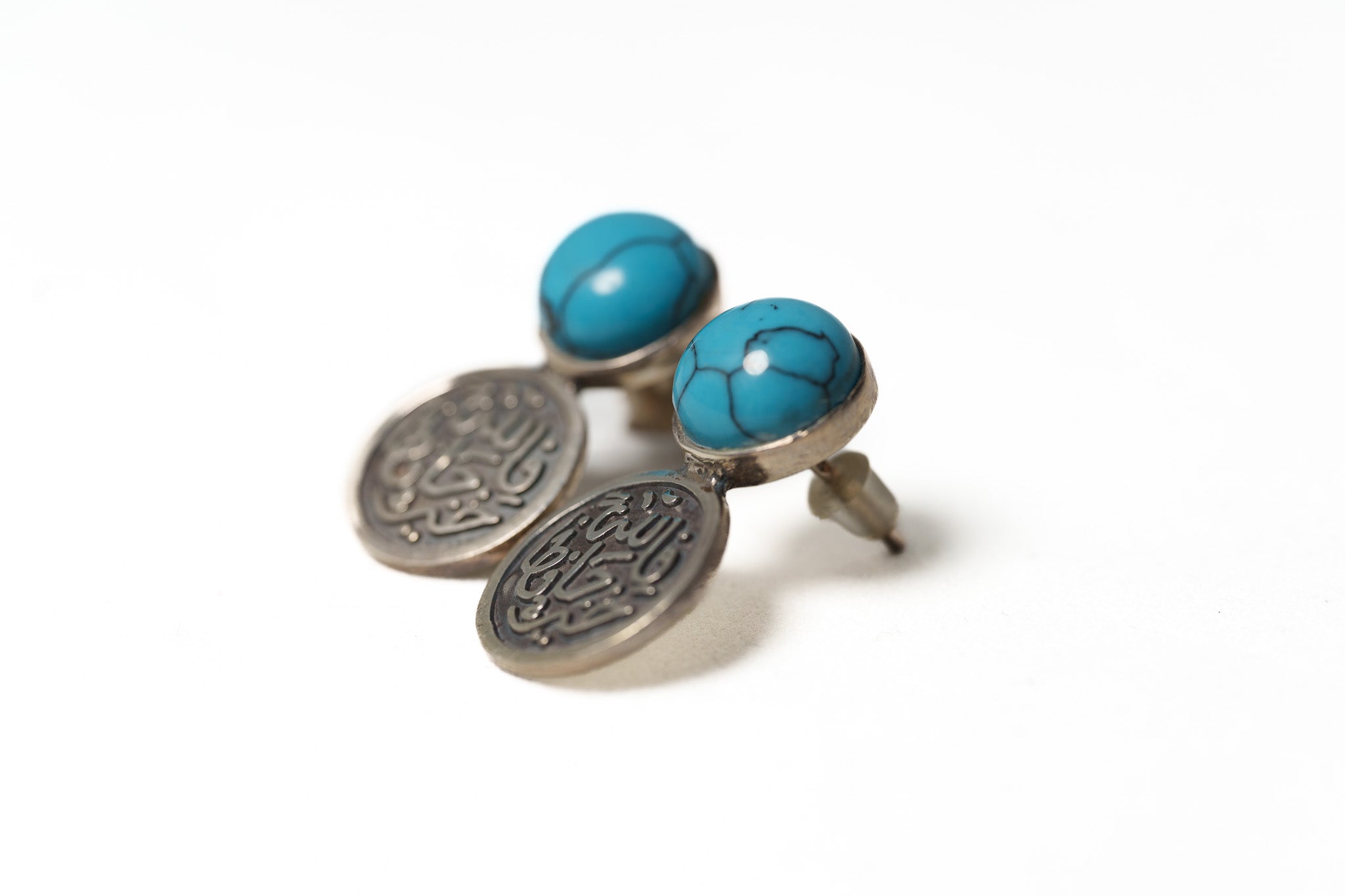 Turquoise & Arabic Calligraphy Stud Earrings