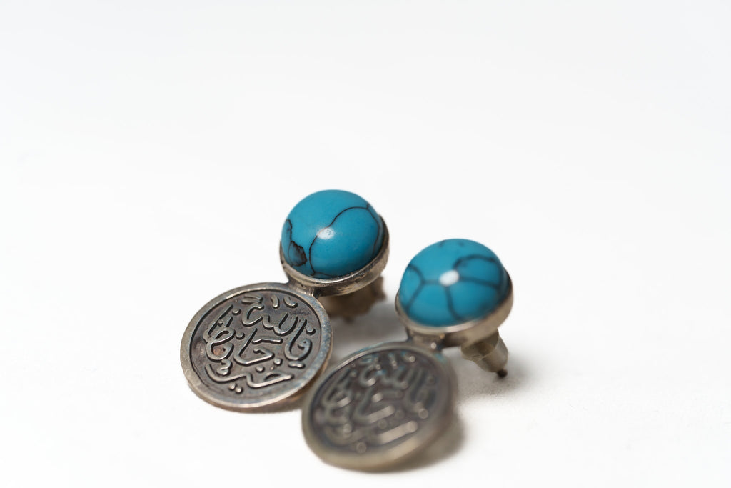 Turquoise & Arabic Calligraphy Stud Earrings