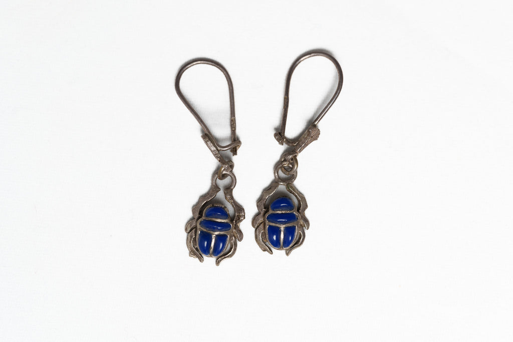 Handcrafted Scarab beetle Lapis Silver Earrings