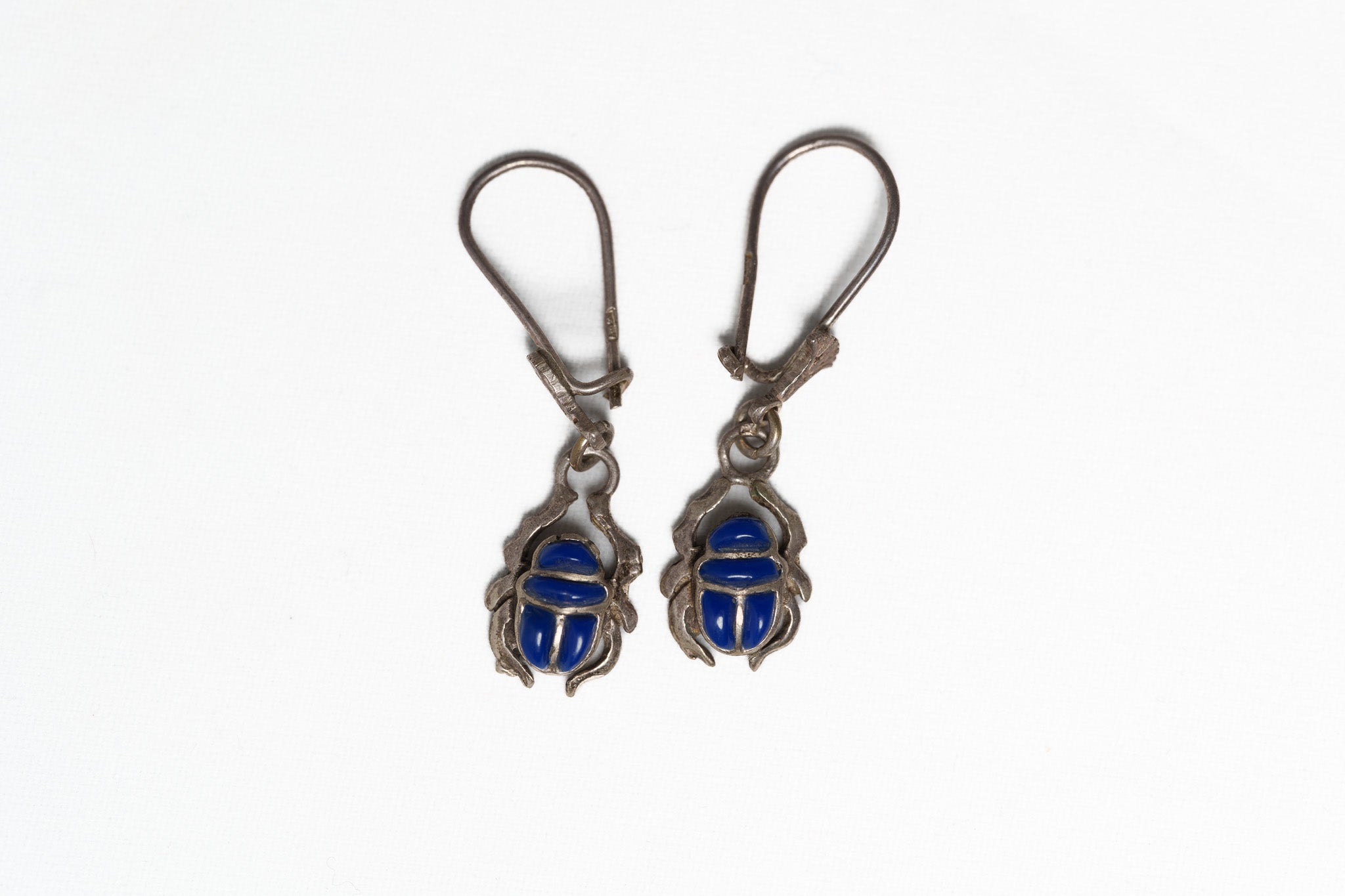 Handcrafted Scarab beetle Lapis Silver Earrings
