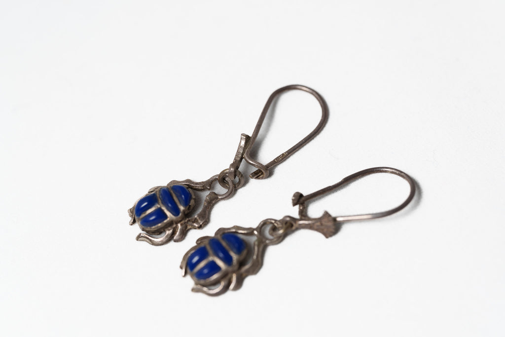 Handcrafted Scarab beetle Lapis Silver Earrings