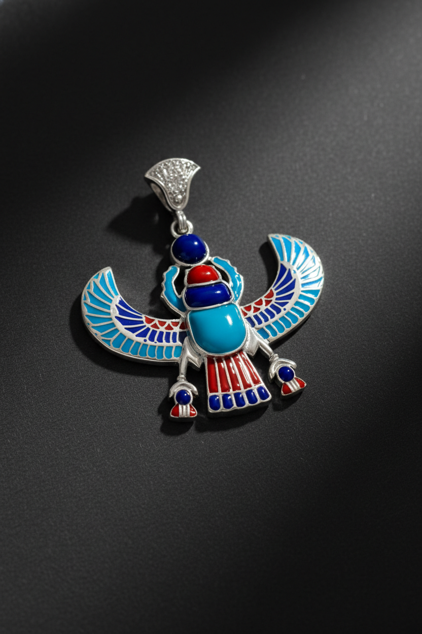 Egyptian Winged Scarab Pendant turquoise Inlay