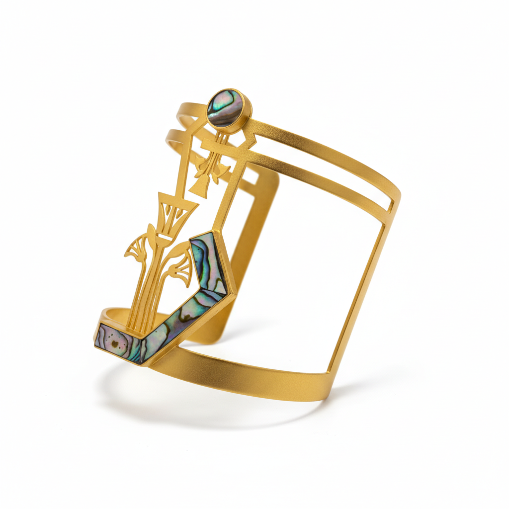 Egyptian Goddess Gold Cuff Bracelet with Abalone Inlay