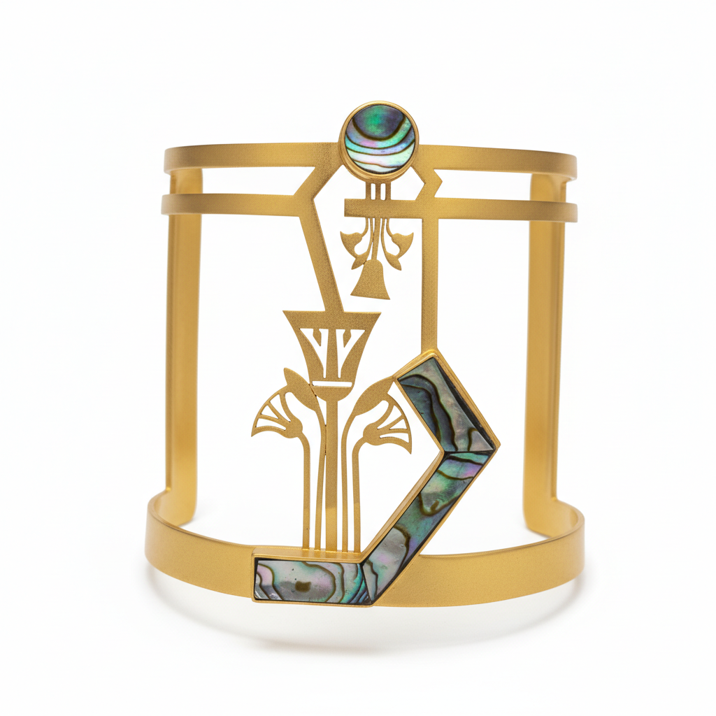 Egyptian Goddess Gold Cuff Bracelet with Abalone Inlay